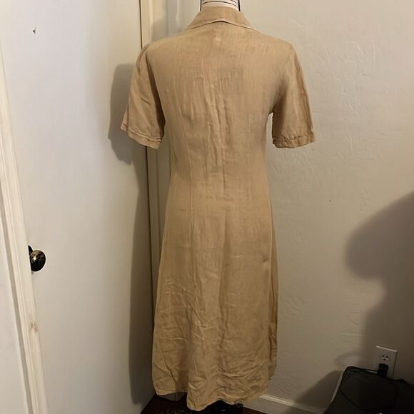 120% Lino Tan 100% Linen Button Closure Casual Dress Coastal Resort Minimalist - Picture 3 of 11